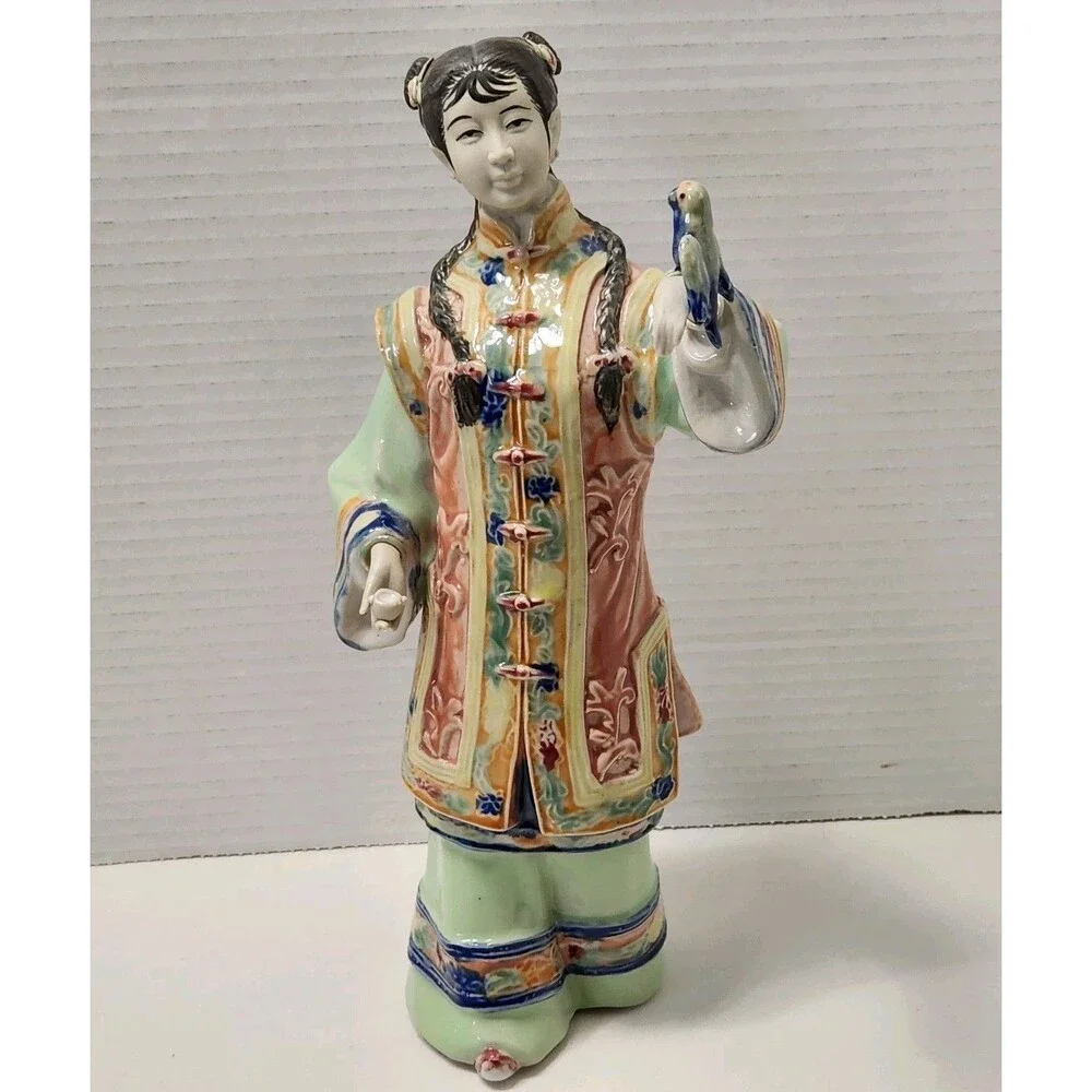 Vintage Chinese Shiwan Porcelain Lady Statue Songbird & Feeding Bowl Figurine